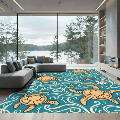 Aqua Turtle Swirl Starfish Shell Mix Rug