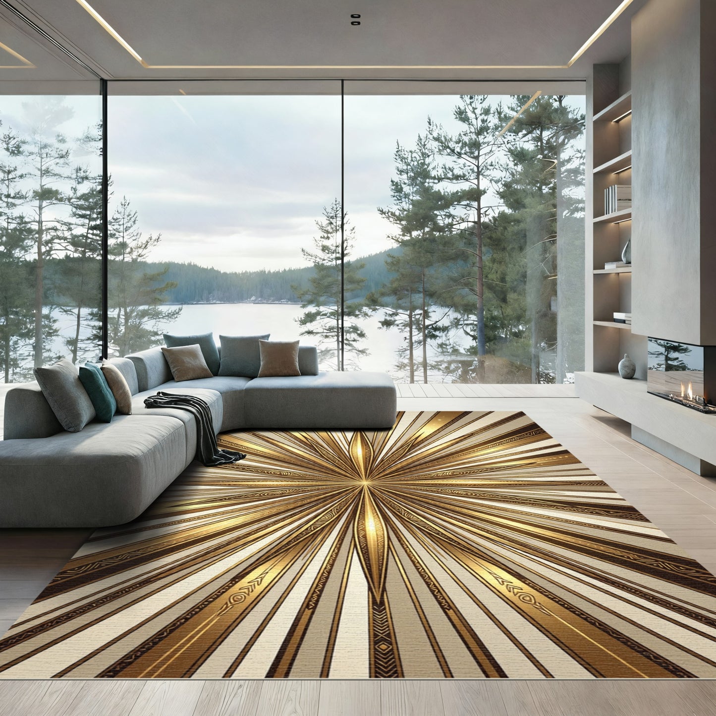 Radiant Sunburst Gold Geometric Rug