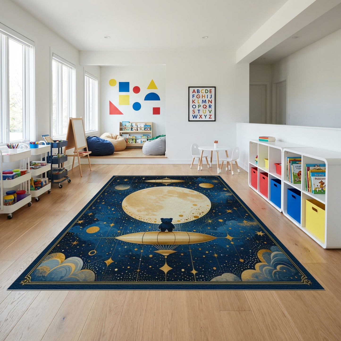 Navy Starry Golden Moon Bear Airship Rug