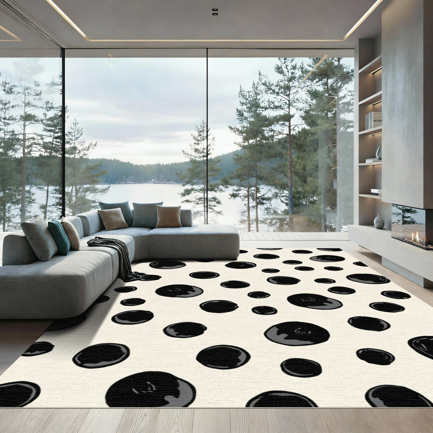 Abstract Black Ink Drops Cream Rug