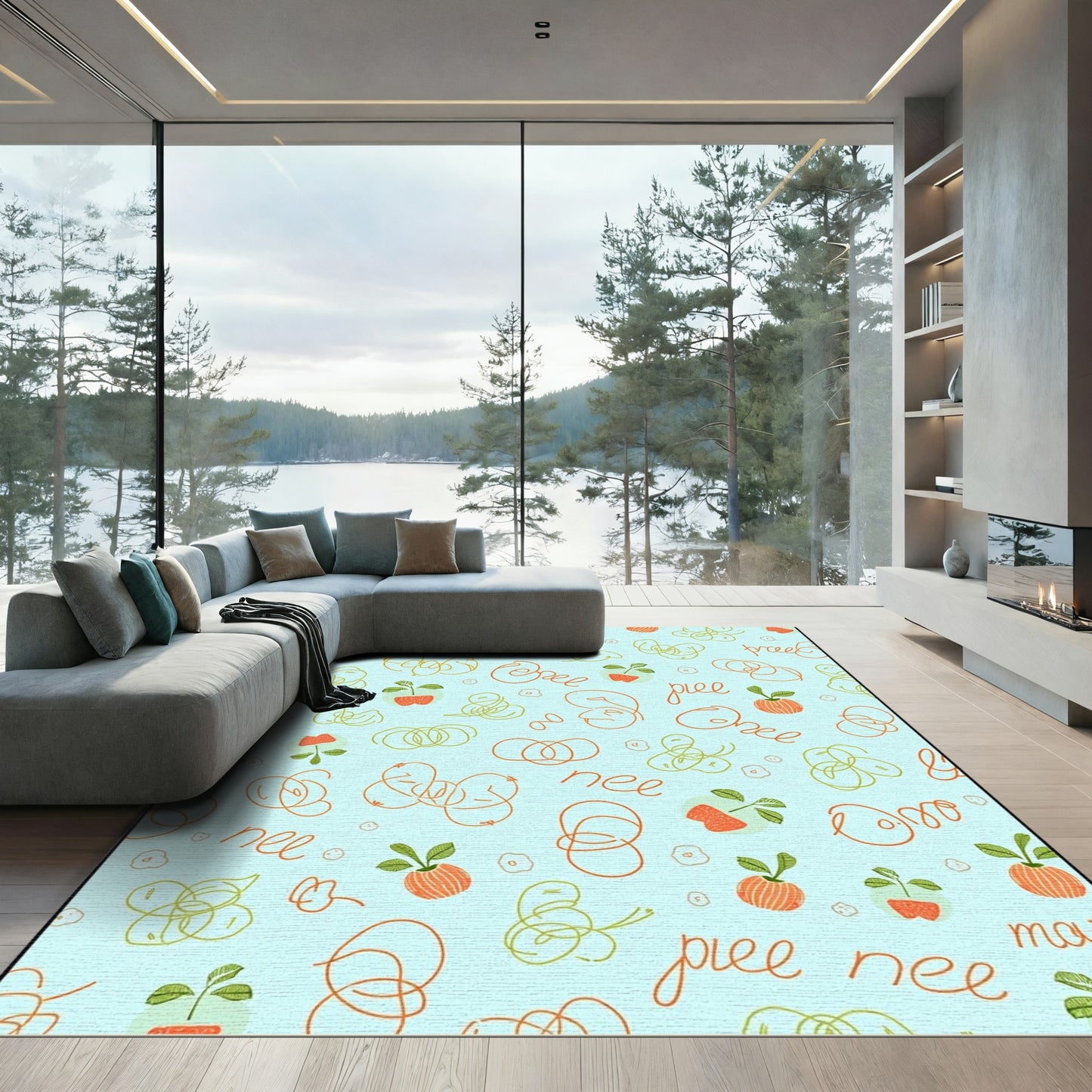 playful orange and green scribbled apples Rug
