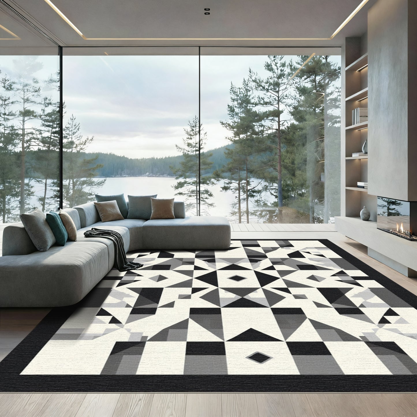 Monochrome Geometric Diamond Tessellation Rug