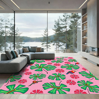 Tropical Birds Pink Leaf Floral Rug