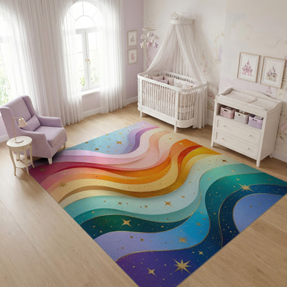 Vibrant Wavy Rainbow Stars Rug