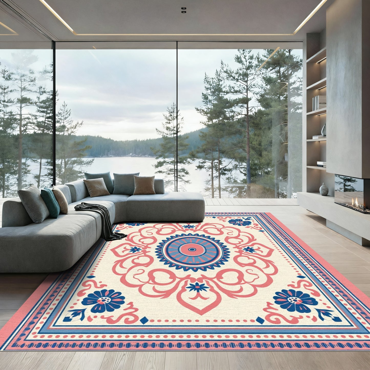 Coral Blue Floral Medallion Art Rug