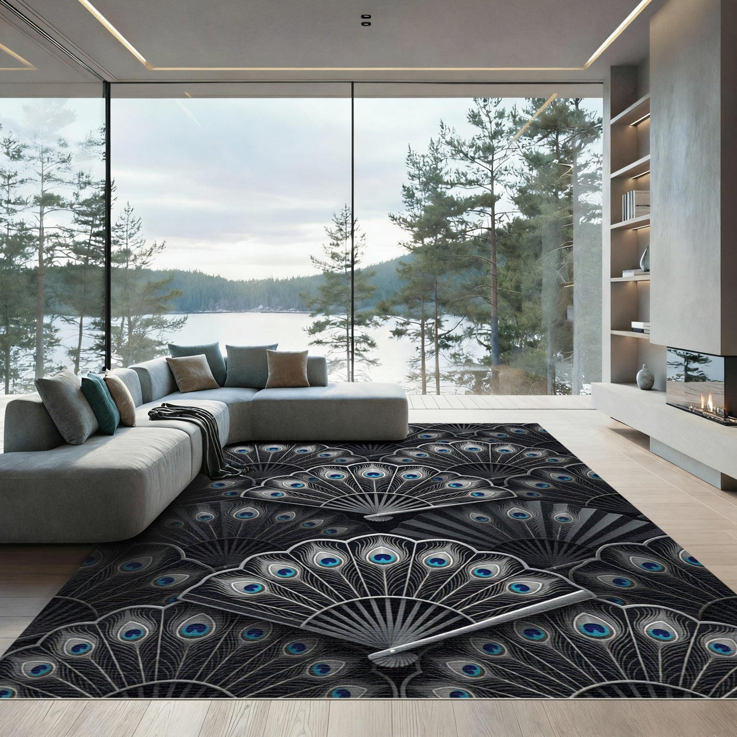 Black Teal Feather Fan Arrangement Rug