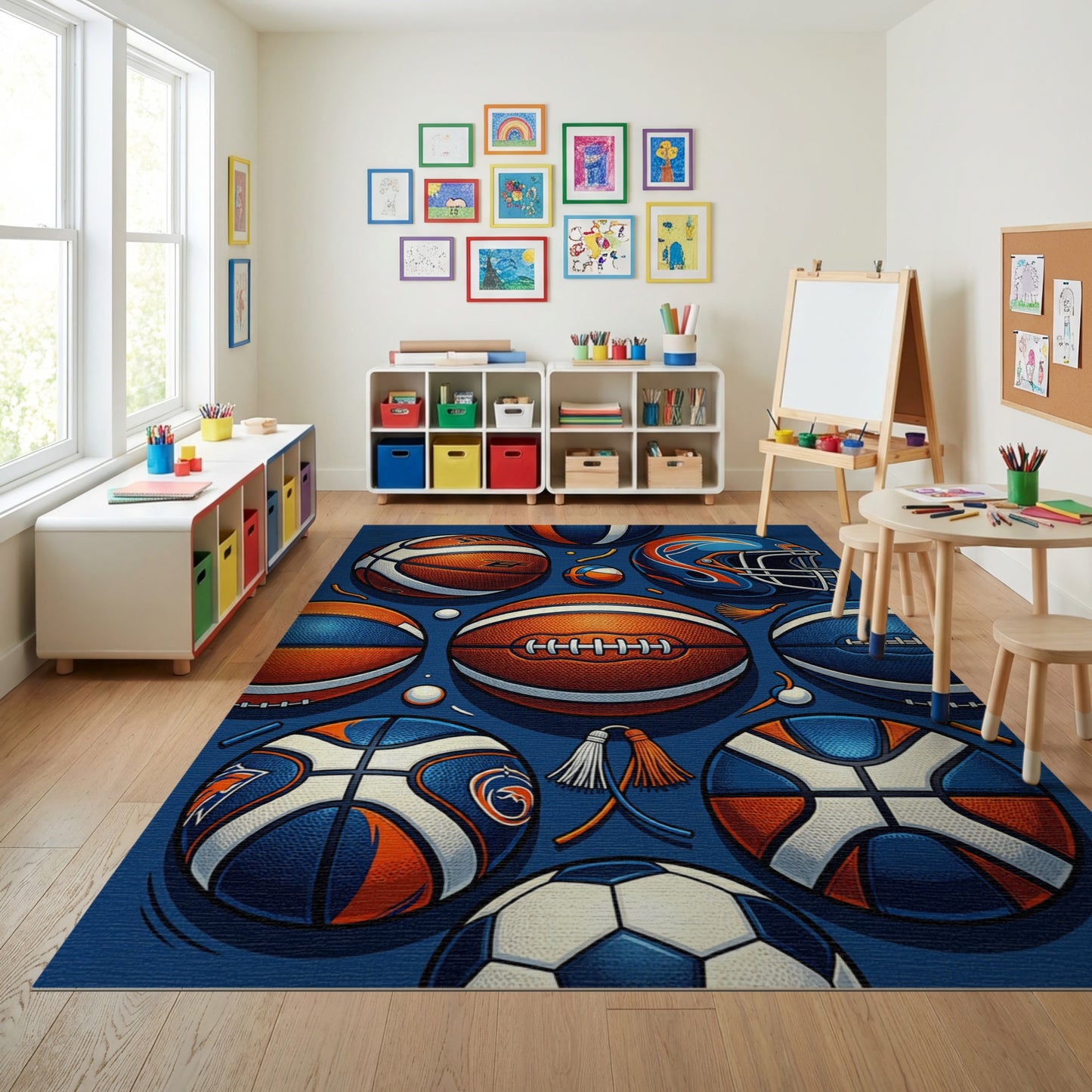 Navy Orange Basketball Football Helmet Rug