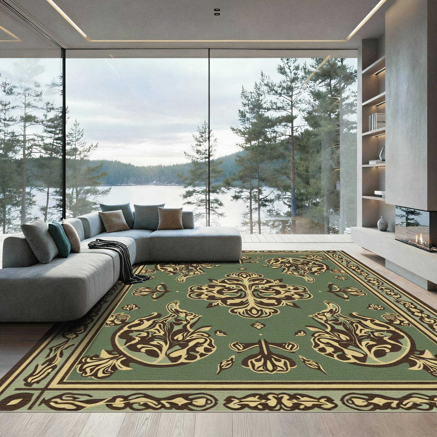 Olive Green Antique Floral Medallion Rug