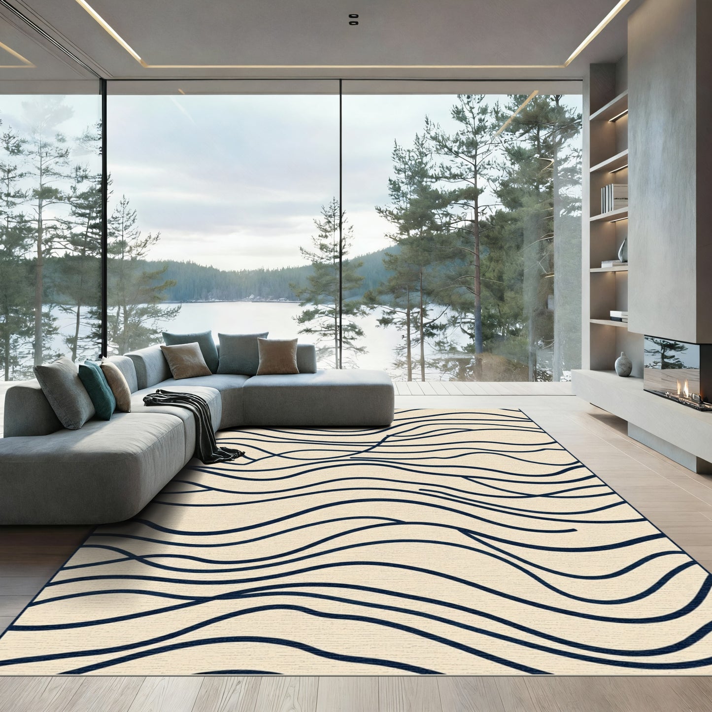 Navy Cream Abstract Lined Wave Rug