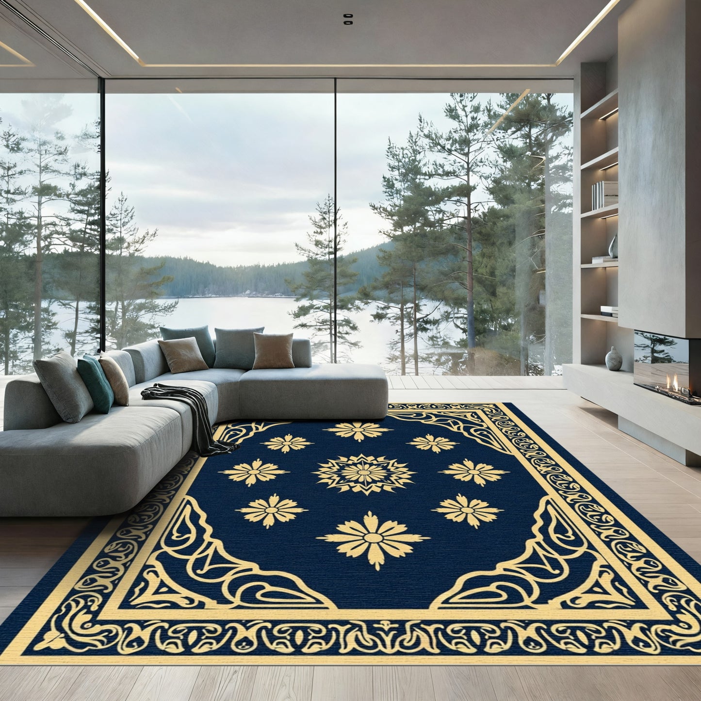 Deep Blue Gold Floral Medallion Rug