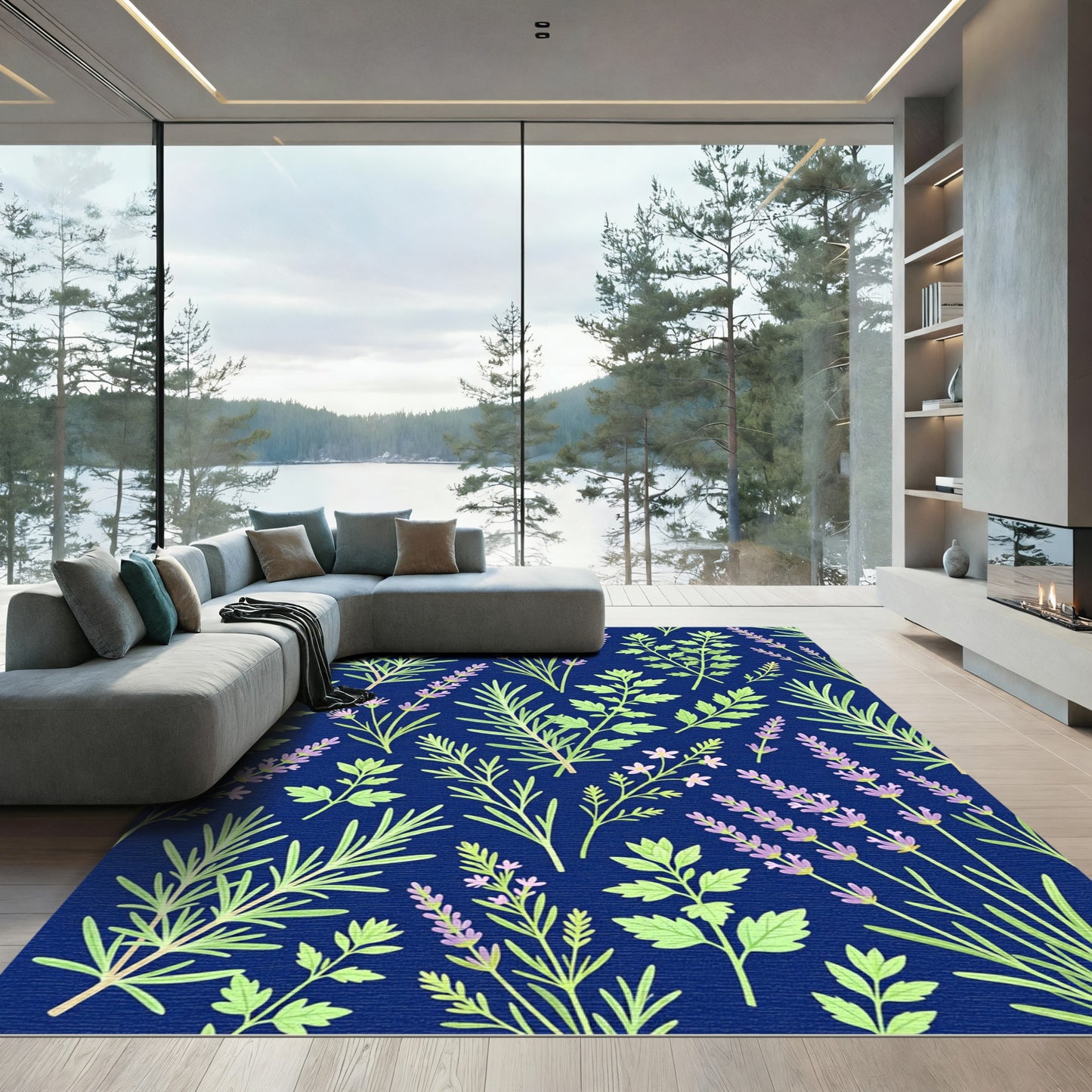 Botanical Lavender and Herbs Navy Rug