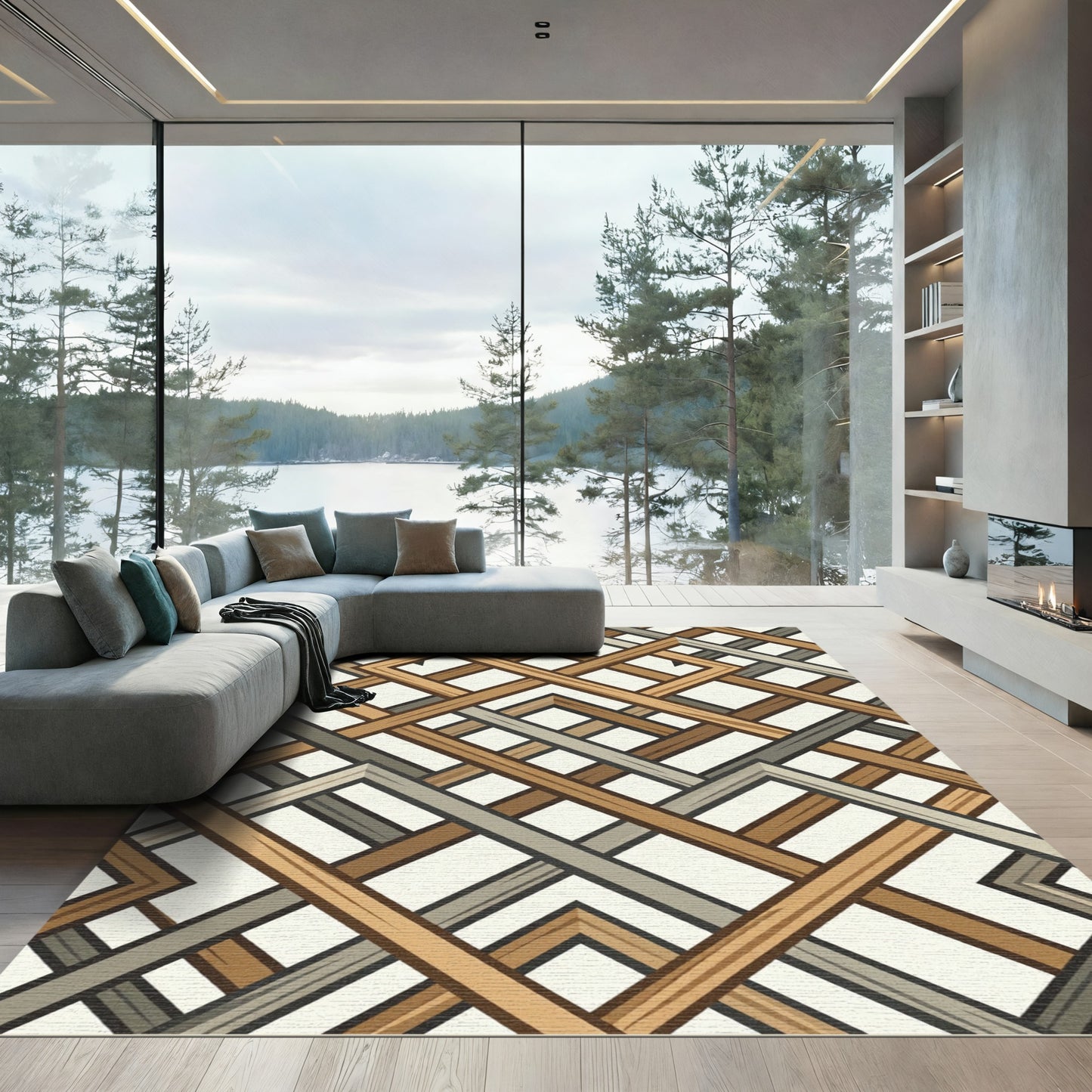 Geometric Interlocking Wood Tone Grid Rug