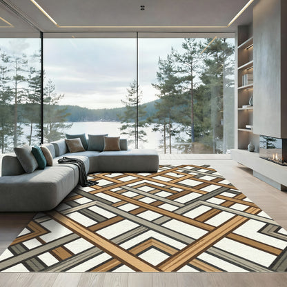 Geometric Interlocking Wood Tone Grid Rug