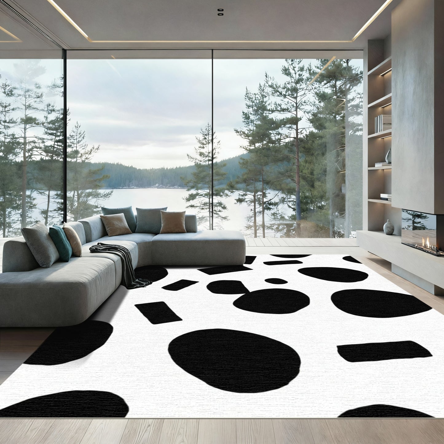 Black White Organic Shapes Rug