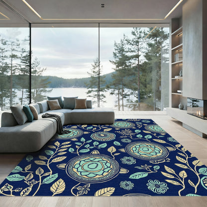 Navy Teal Botanical Turtle Garden Rug
