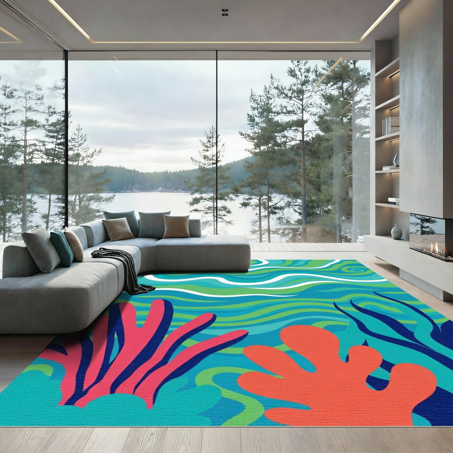 Vibrant Coral Blue Wave Underwater Rug