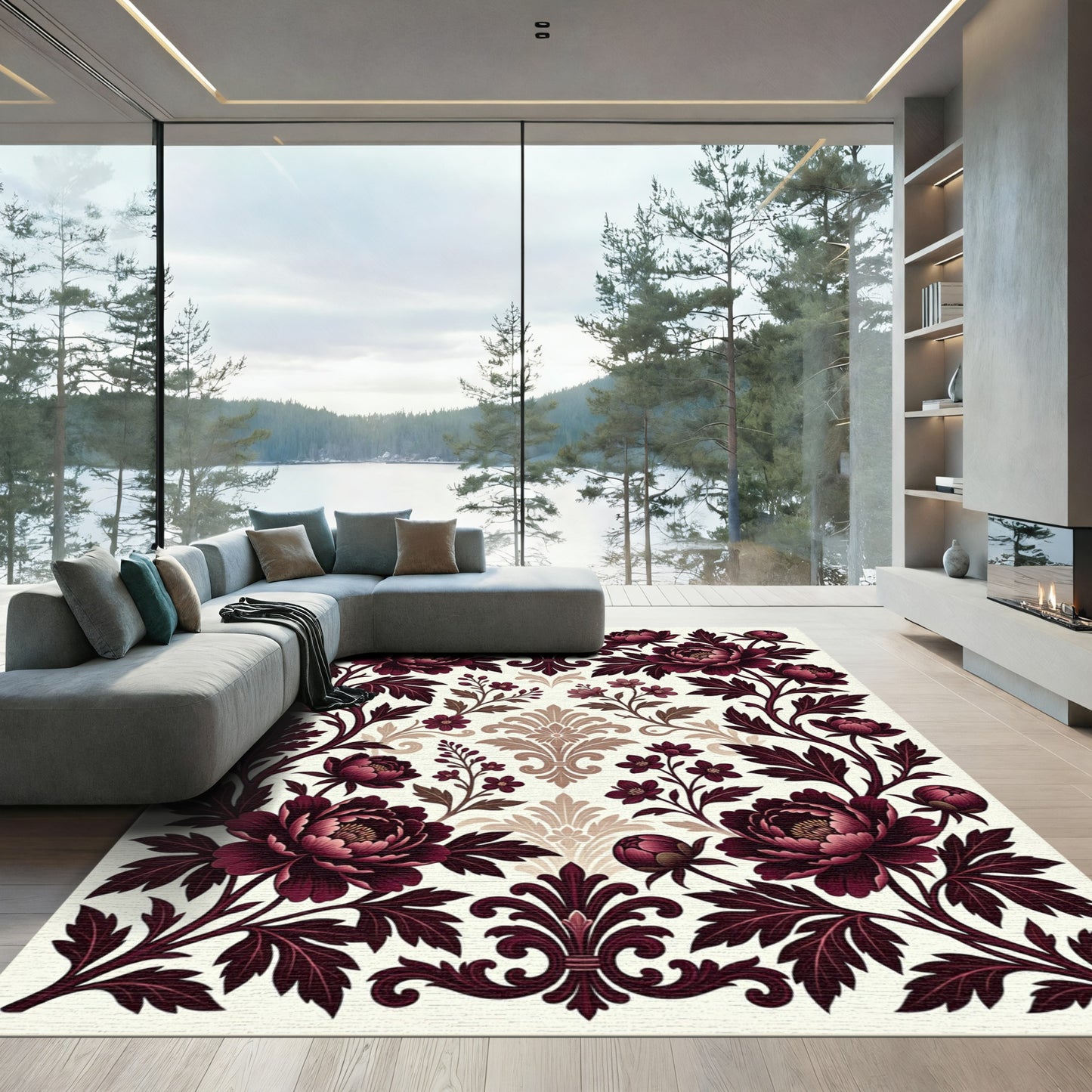Elegant Burgundy Floral Damask Botanical Rug