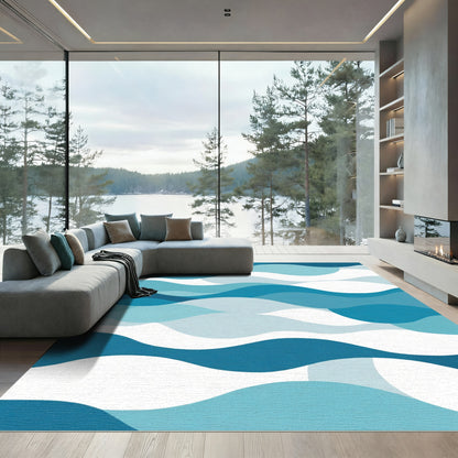 Aqua Blue Layered Wave Abstract Rug