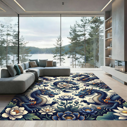 Blue Dragon and Lotus Floral Composition Rug