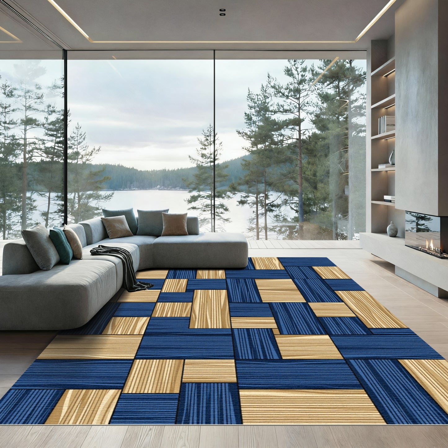 Woven Navy and Tan Basket Geometric Rug