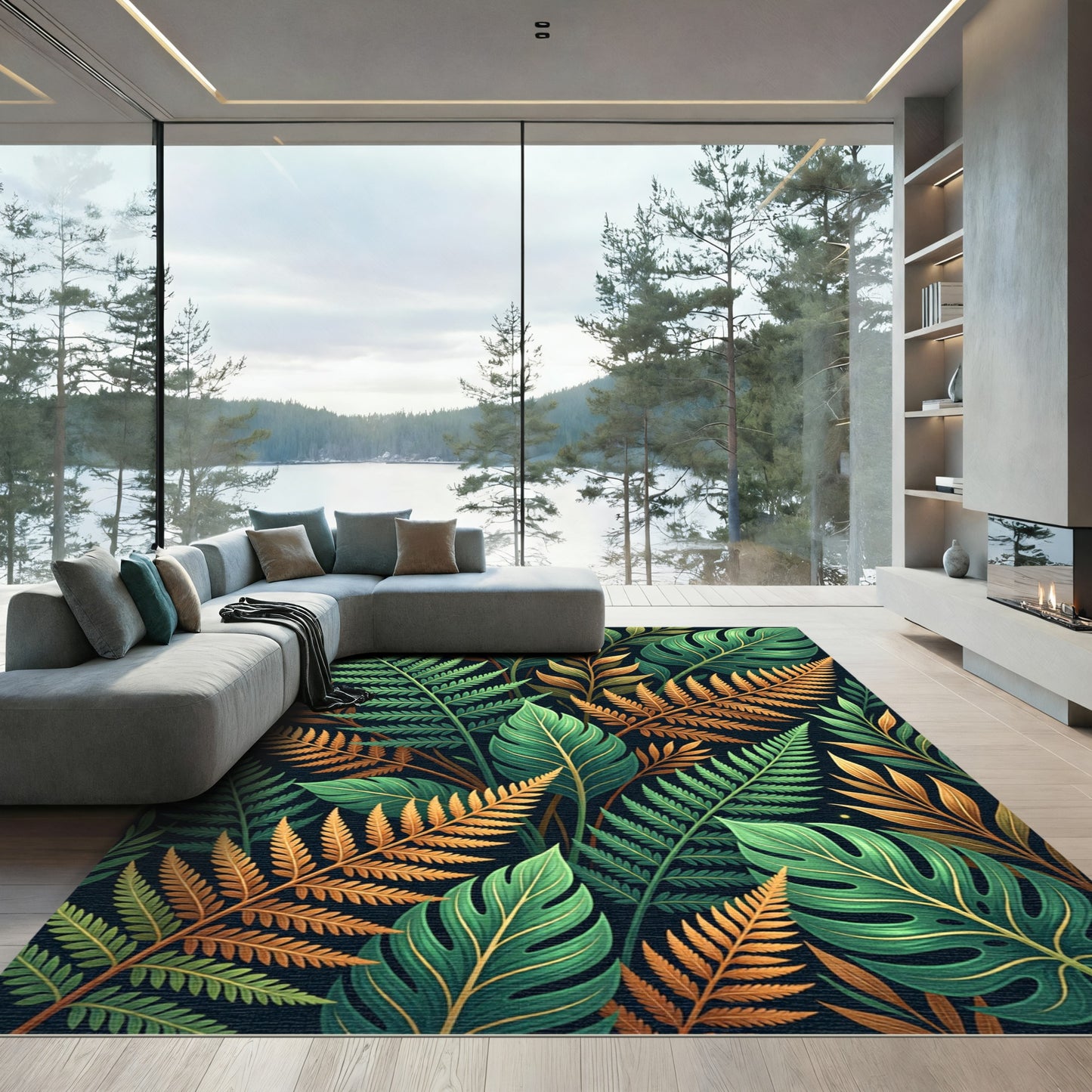 Lush Tropical Fern Golden Leaf Foliage Rug