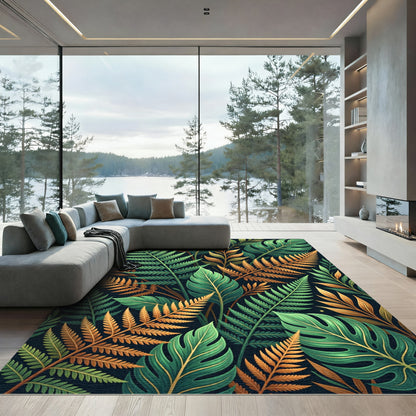 Lush Tropical Fern Golden Leaf Foliage Rug