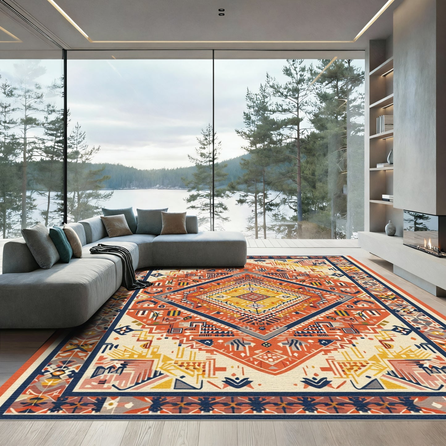 Crimson Yellow Tribal Geometric Diamond Rug