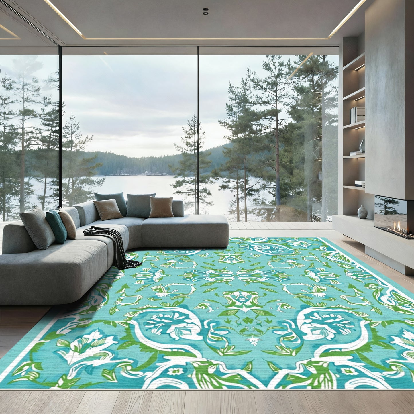 Aqua Turquoise White Green Floral Symmetry Rug