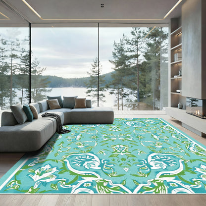 Aqua Turquoise White Green Floral Symmetry Rug