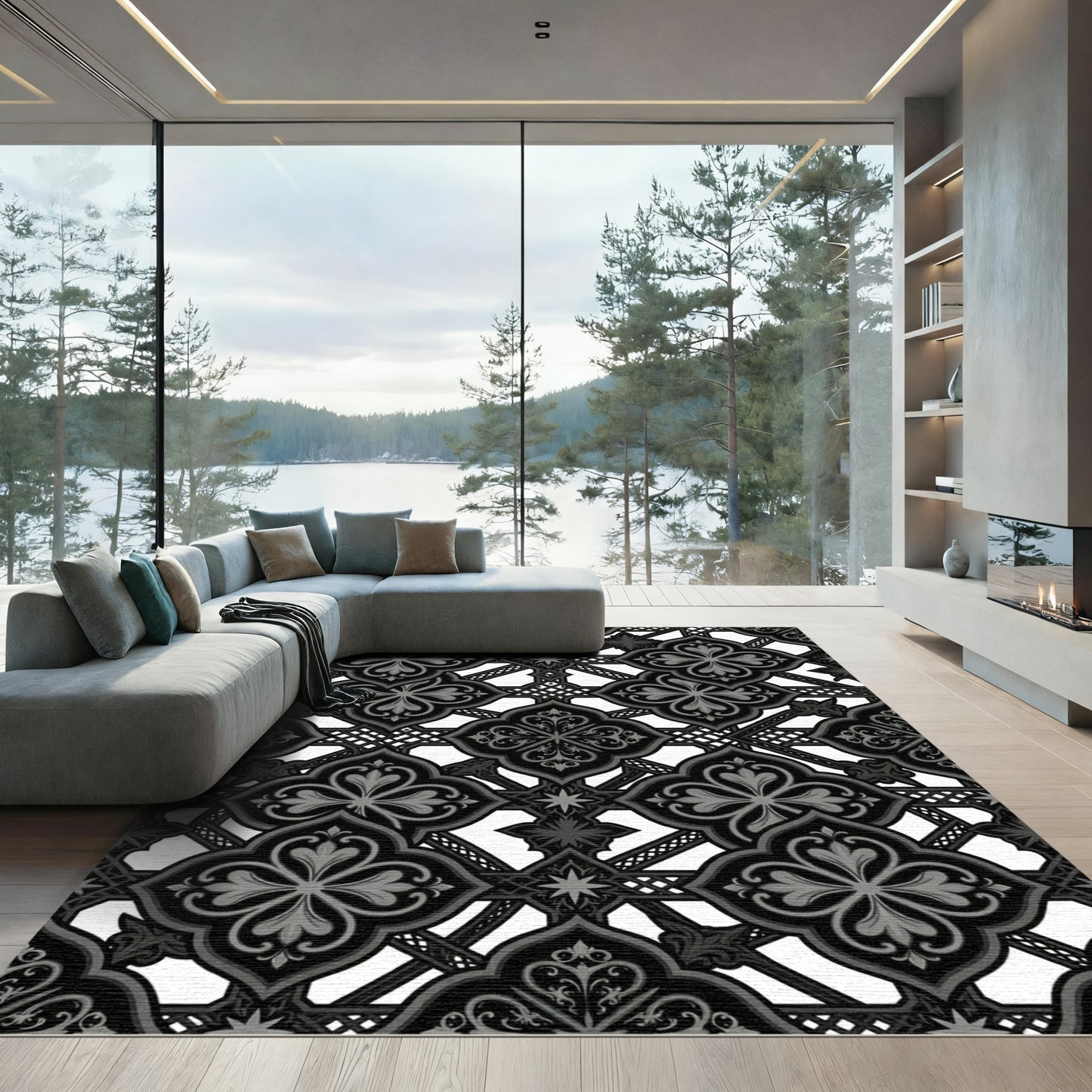 Ornate Black And Gray Arabesque Rug