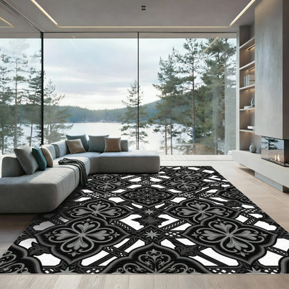 Ornate Black And Gray Arabesque Rug