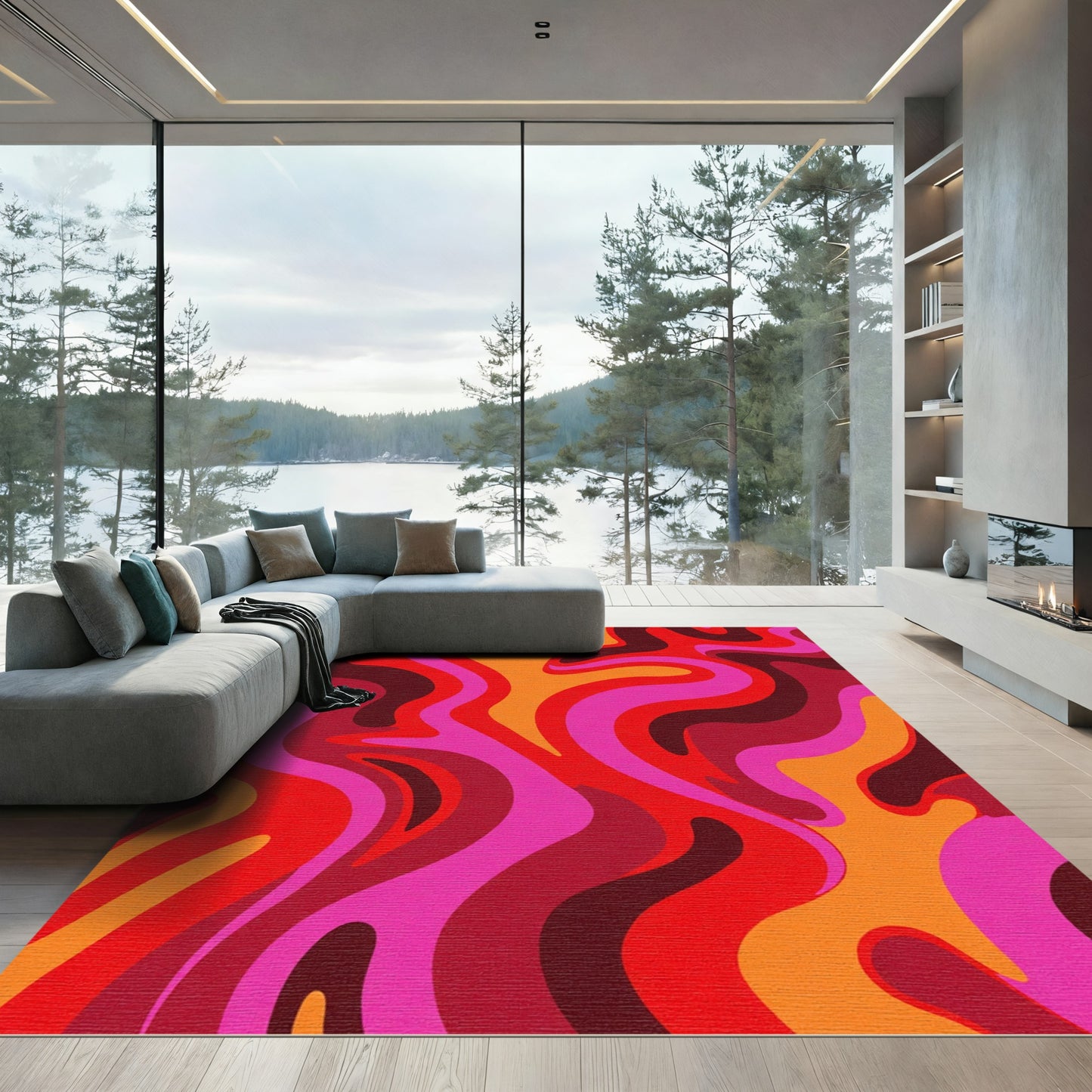Retro Swirls Pink Orange Red Rug