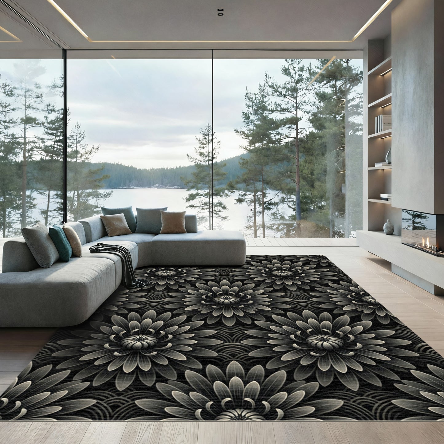 Art Deco Gray Floral Scale Rug