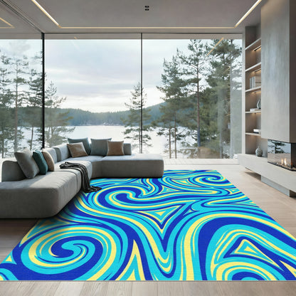 Vibrant Blue Yellow Swirl Abstract Rug