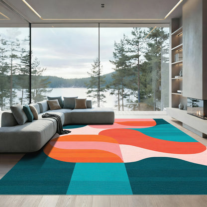 Modern Coral Teal Abstract Waves Rug