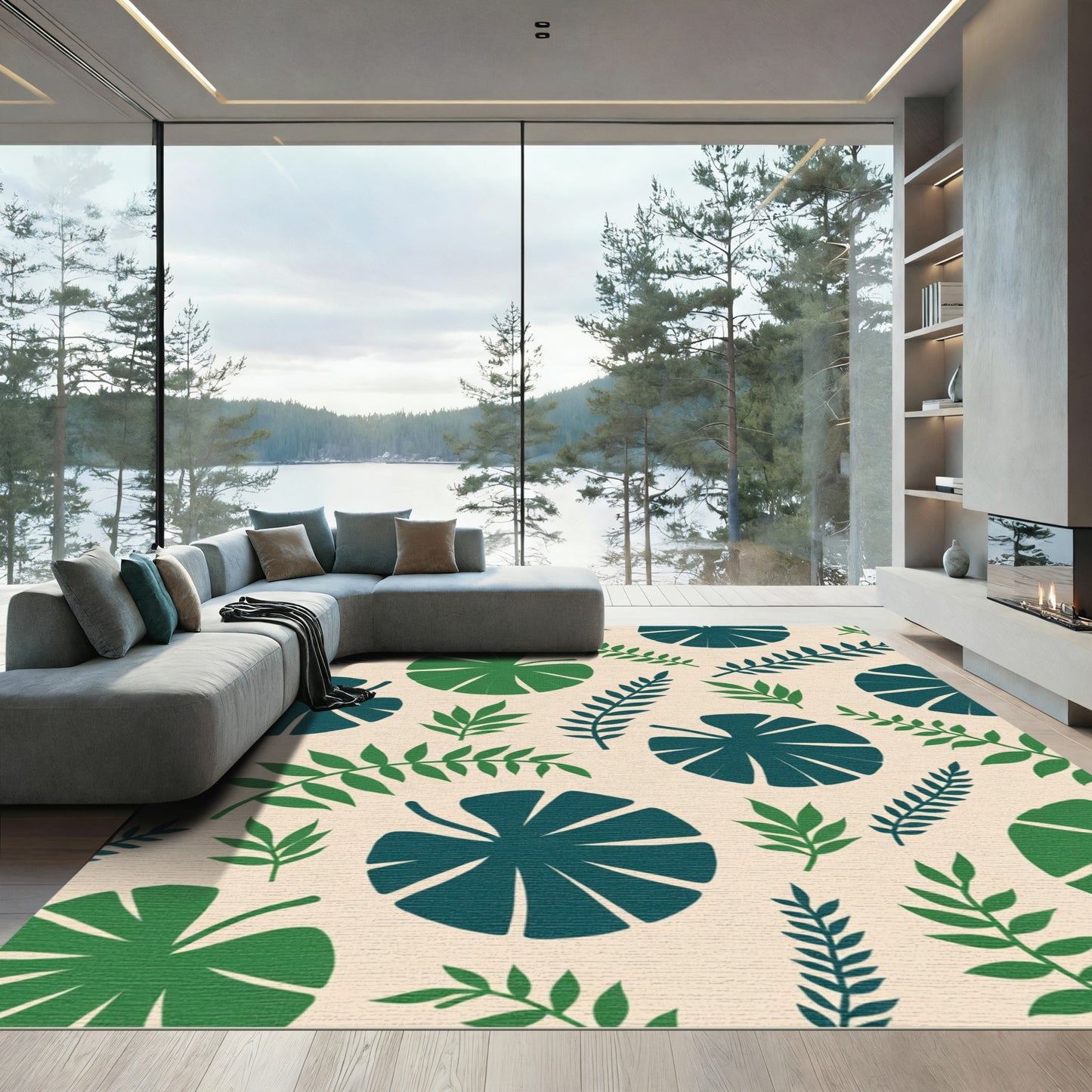 Tropical Leaves Green Teal Rug