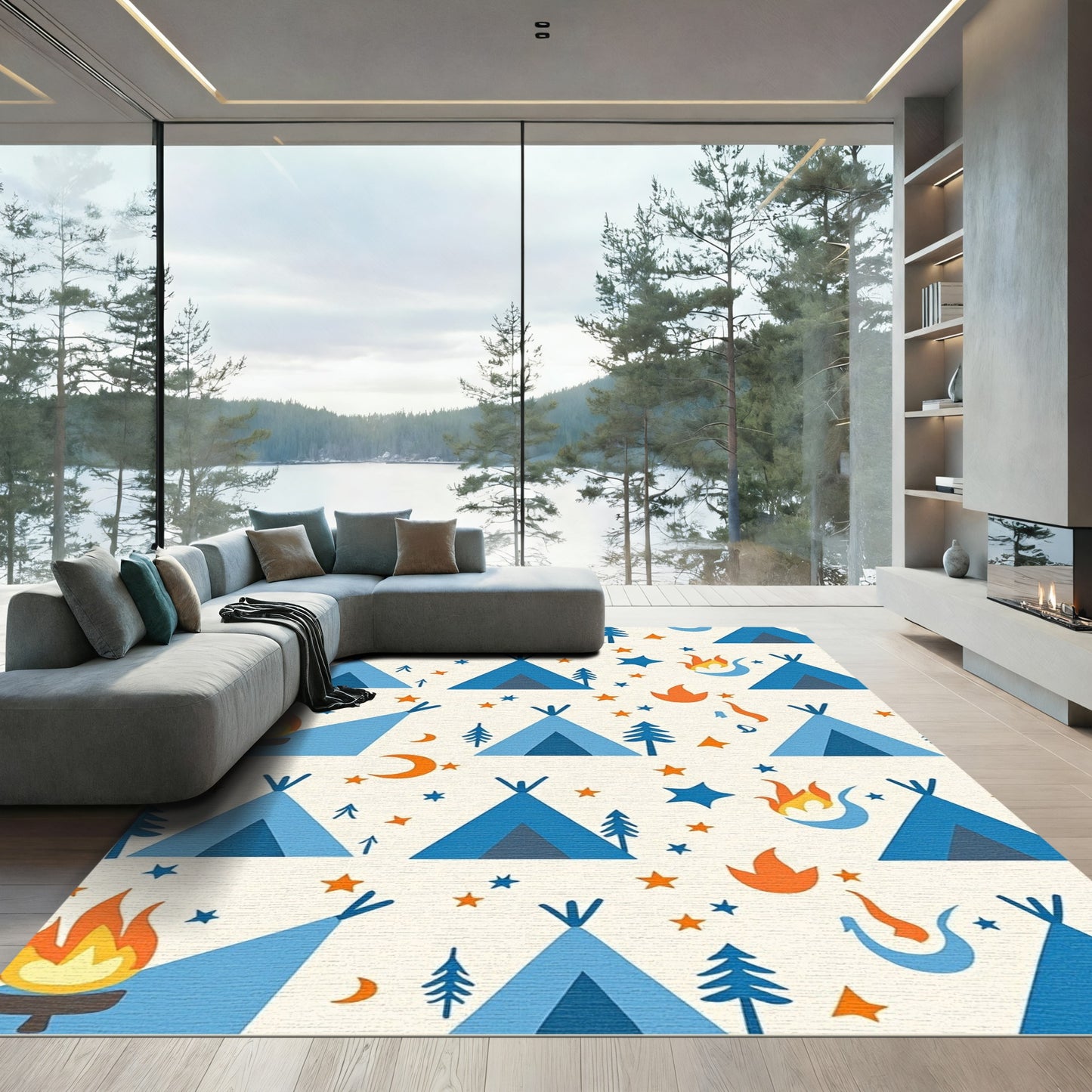 Blue Teepees Campfire Stars Moon Rug