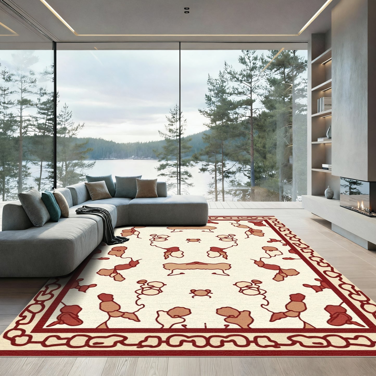 Crimson and Tan Abstract Figural Rug