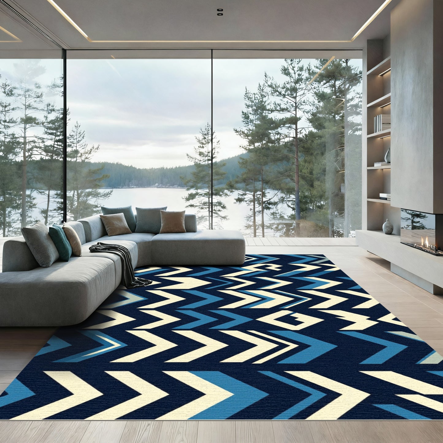 Modern Blue Cream Angular Chevron Zigzag Rug