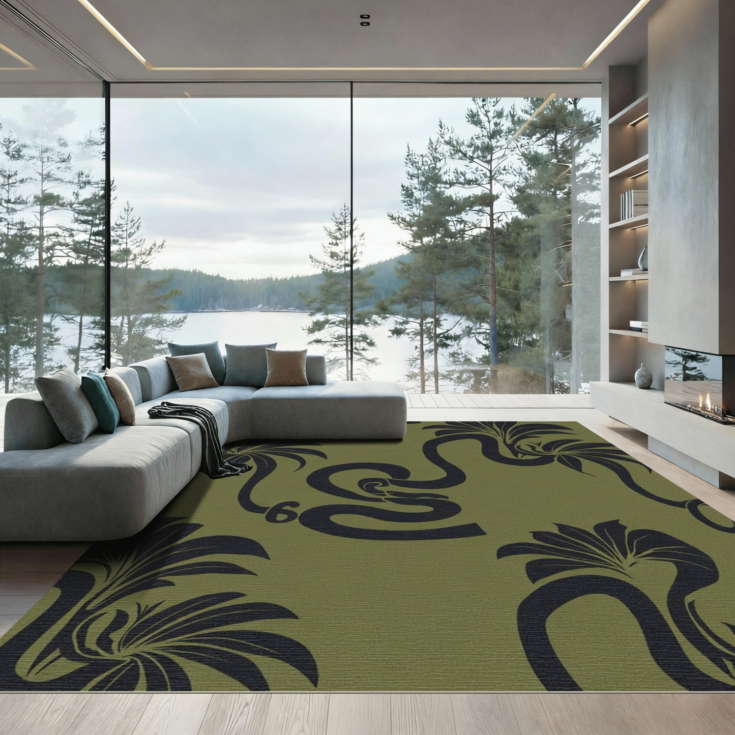 Dark Green Tropical Floral Cobra Rug