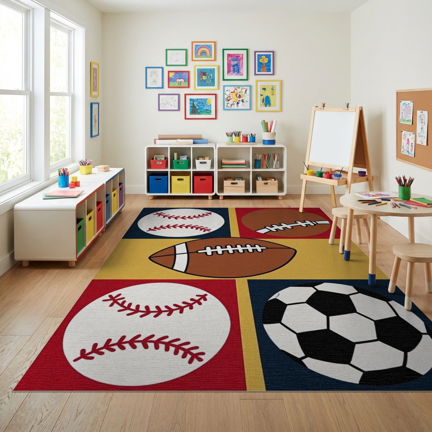 Playful Baseball Football Soccer Grid Rug