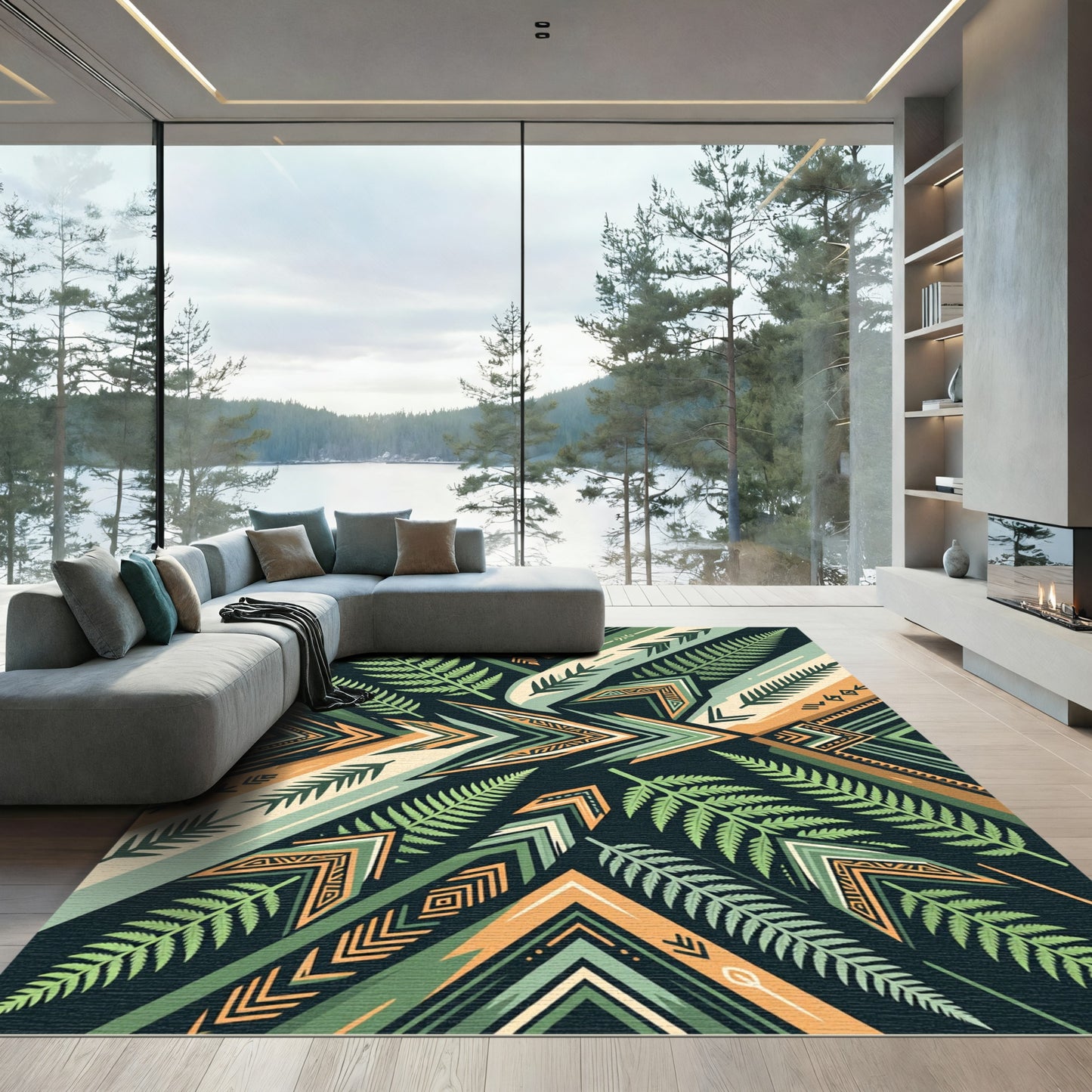 Green Fern Tribal Arrow Composition Rug