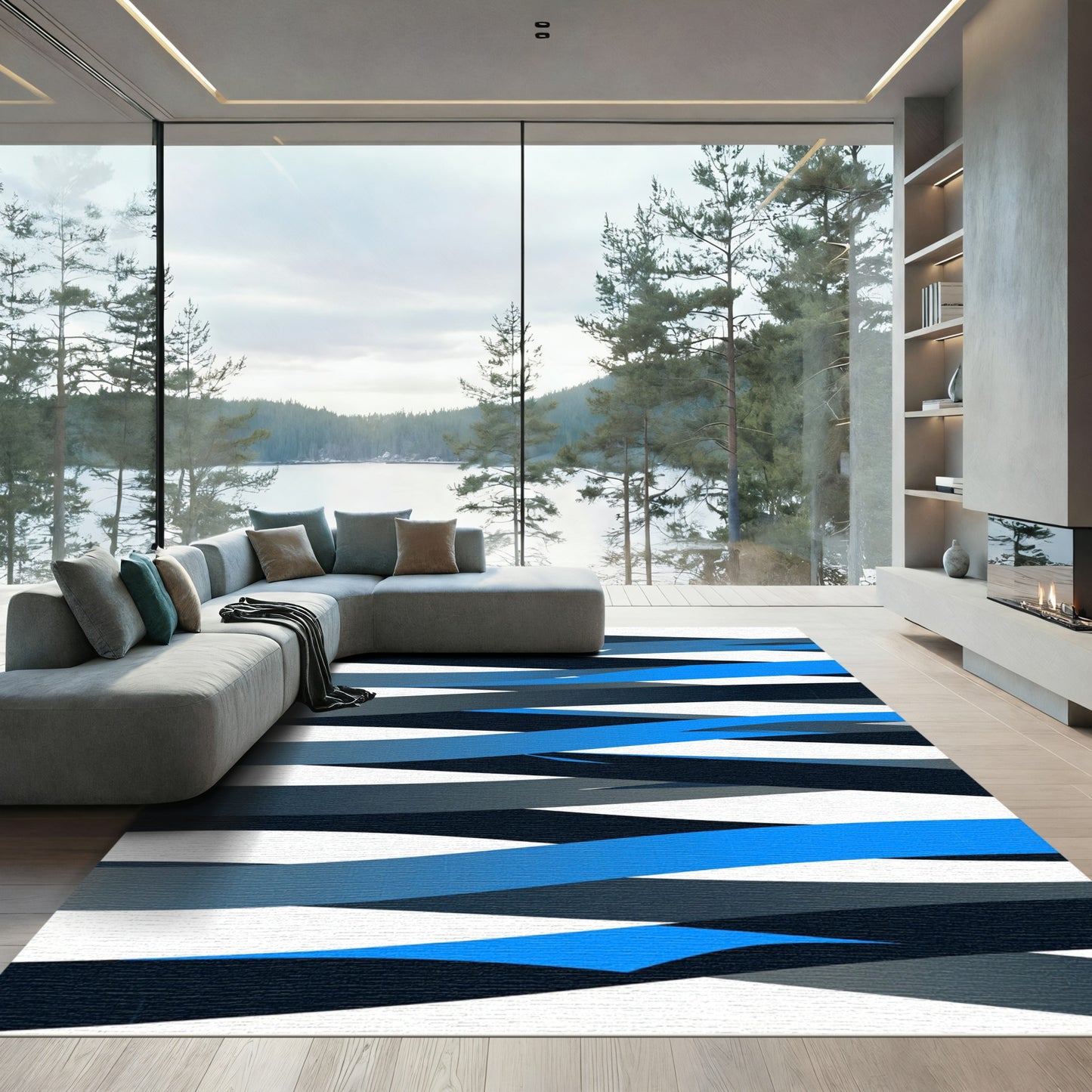 Modern Blue Tonal Stripe Ribbons Rug