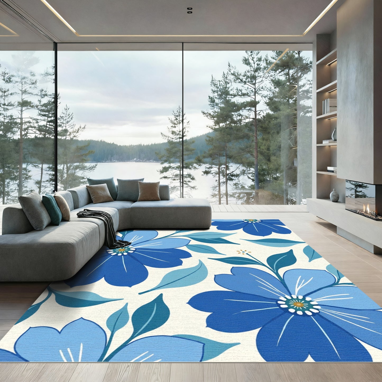 Bold Blue Floral Garden Rug
