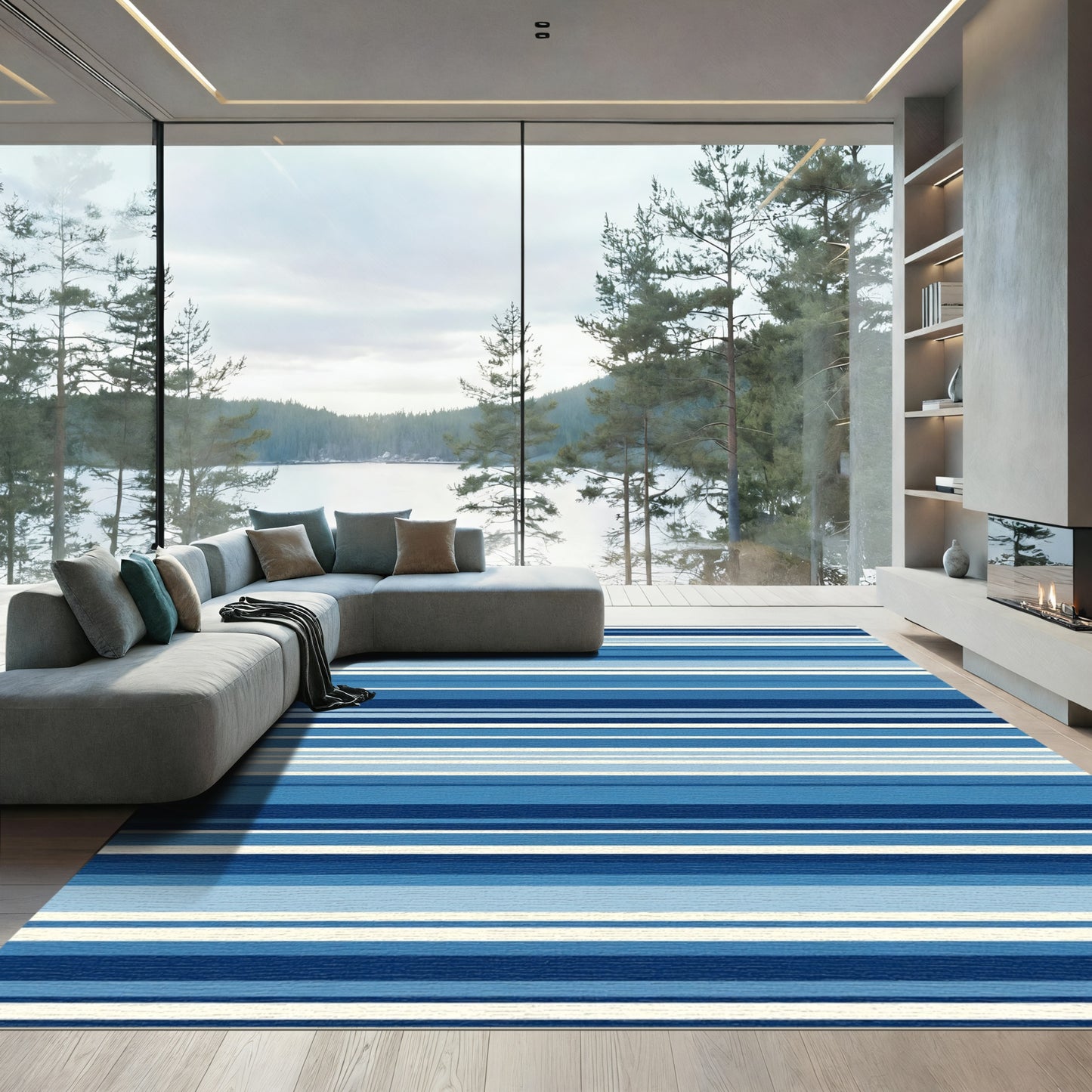Navy Blue White Multi Stripe Rug