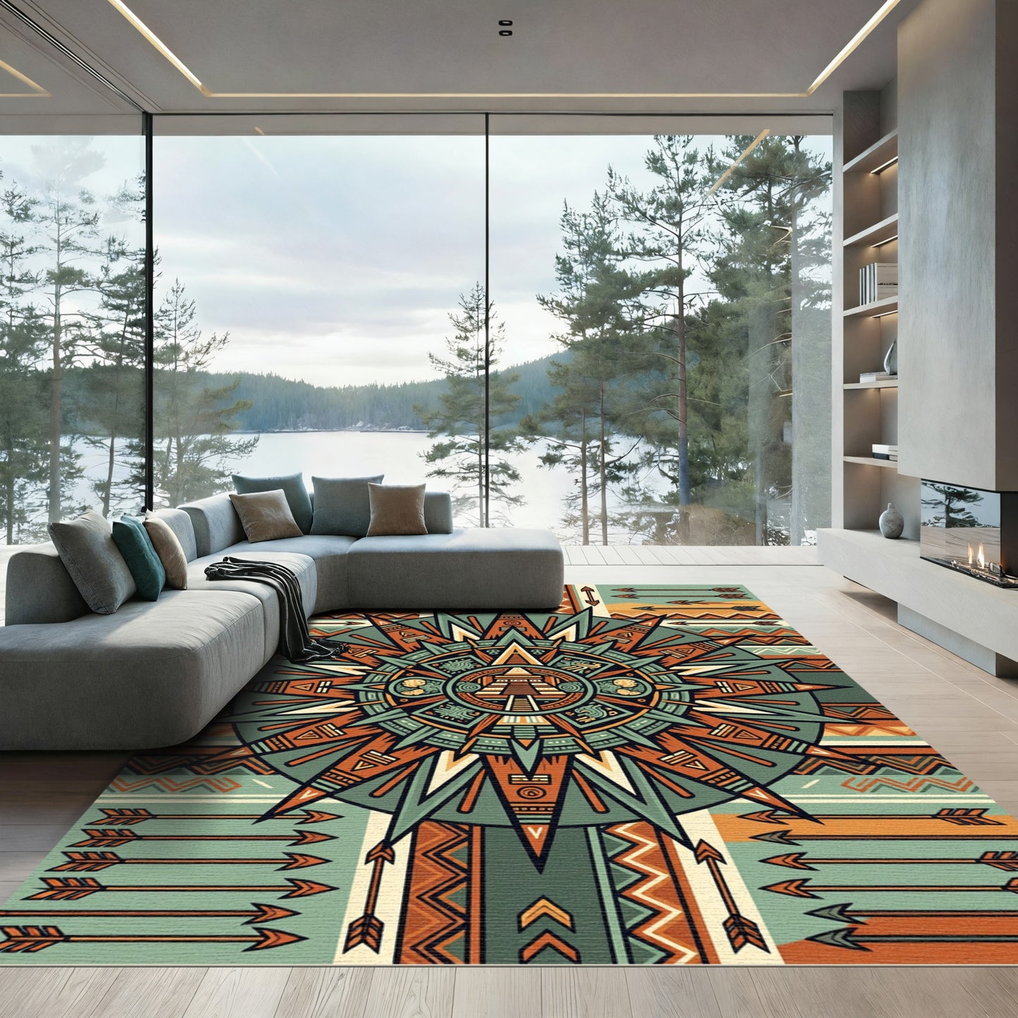 Earthy Aztec Temple Arrow Geometric Art Rug