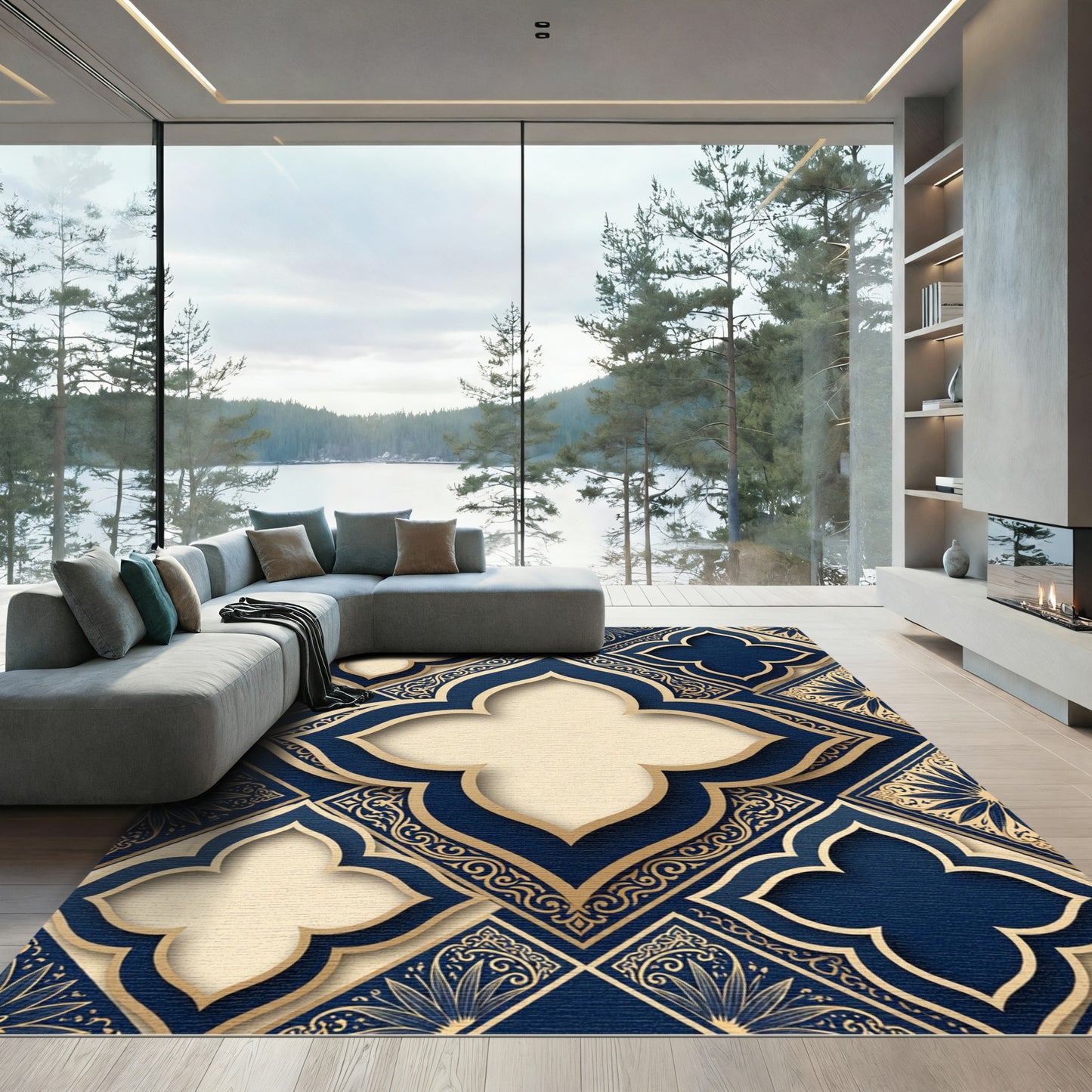 Navy And Gold Quatrefoil Tile Rug