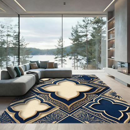 Navy And Gold Quatrefoil Tile Rug