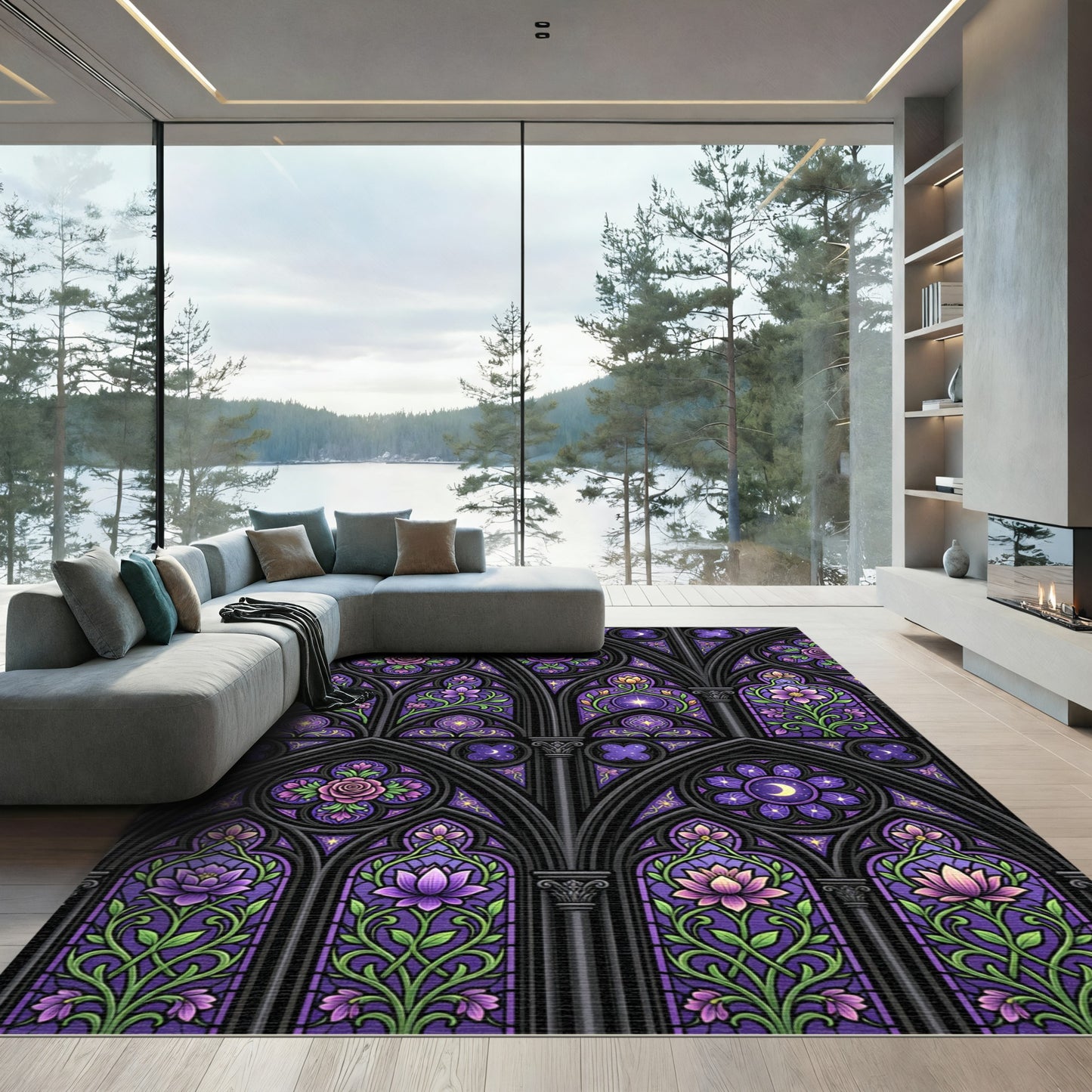 Gothic Purple Rose Stained Glass Rug