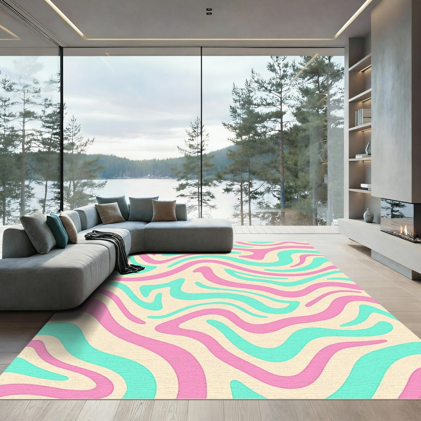Retro Swirl Pink Teal Cream Rug